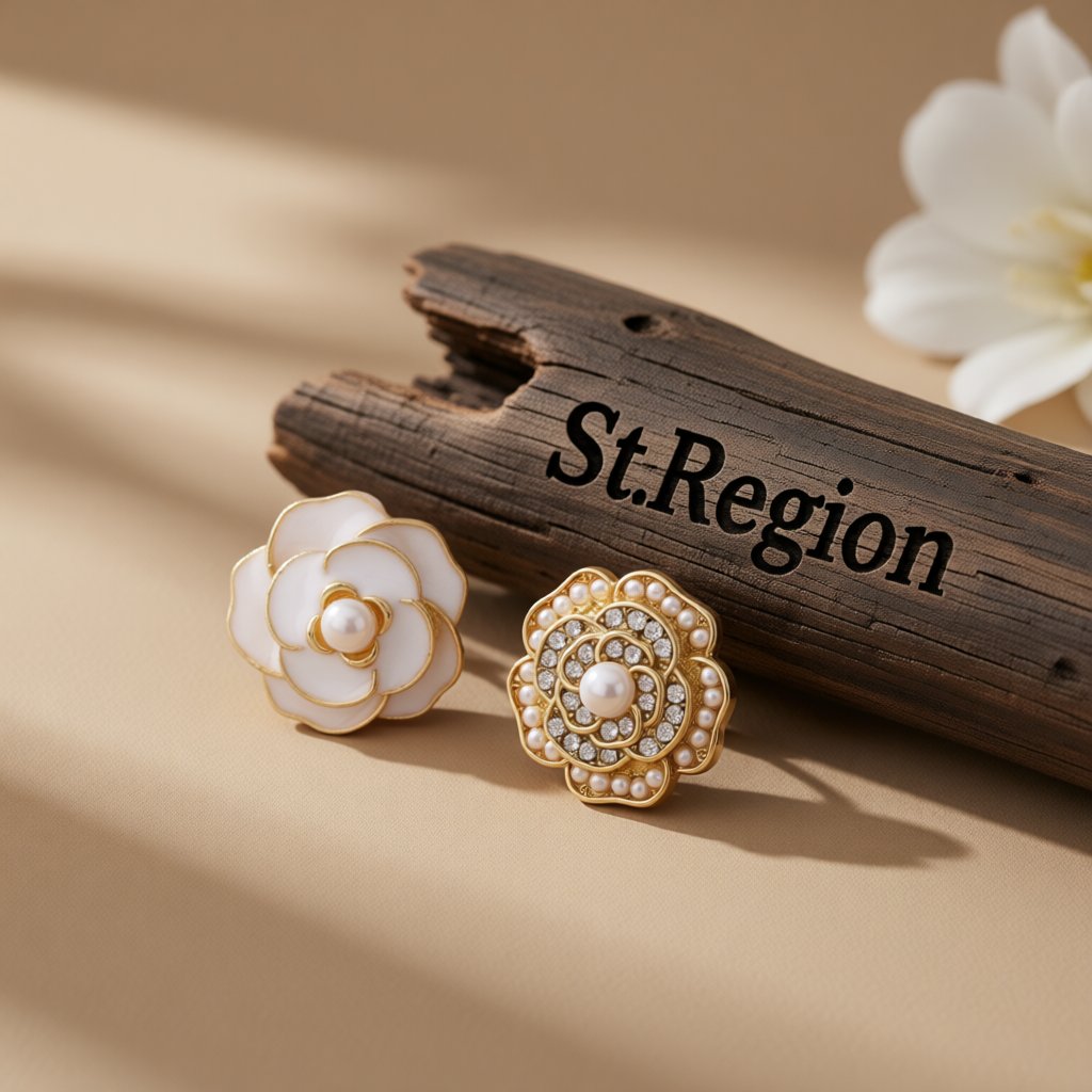 White Enamel and Pearl Camellia Stud Earrings, stud earrings for women, dainty minimalist design, front view