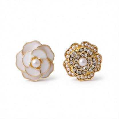 White Enamel and Pearl Camellia Stud Earrings, stud earrings for women, dainty minimalist design, side view