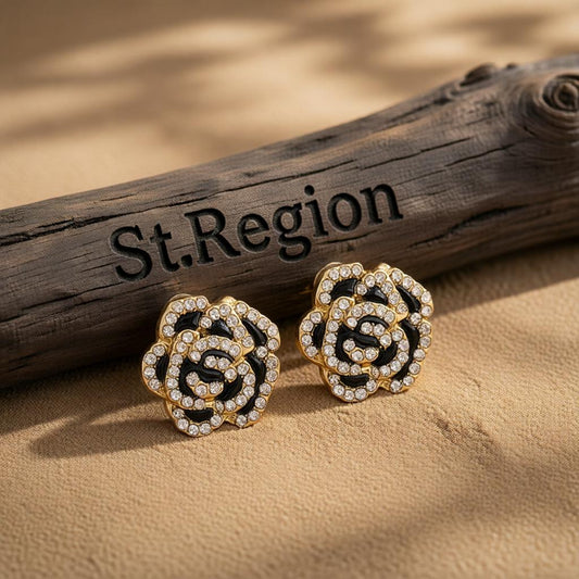 Black and Cubic Zirconia Pavé Camellia Stud Earrings, cubic zirconia stud earrings for women, front view