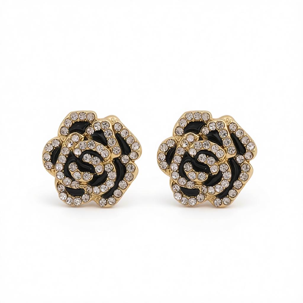 Black and Cubic Zirconia Pavé Camellia Stud Earrings, cubic zirconia stud earrings for women, side view