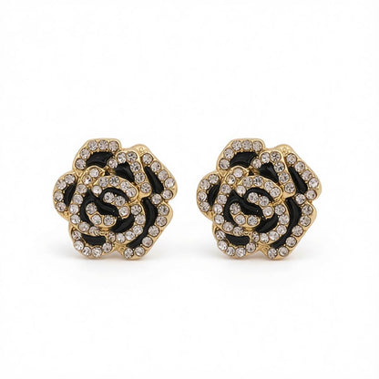 Black and Cubic Zirconia Pavé Camellia Stud Earrings, cubic zirconia stud earrings for women, side view