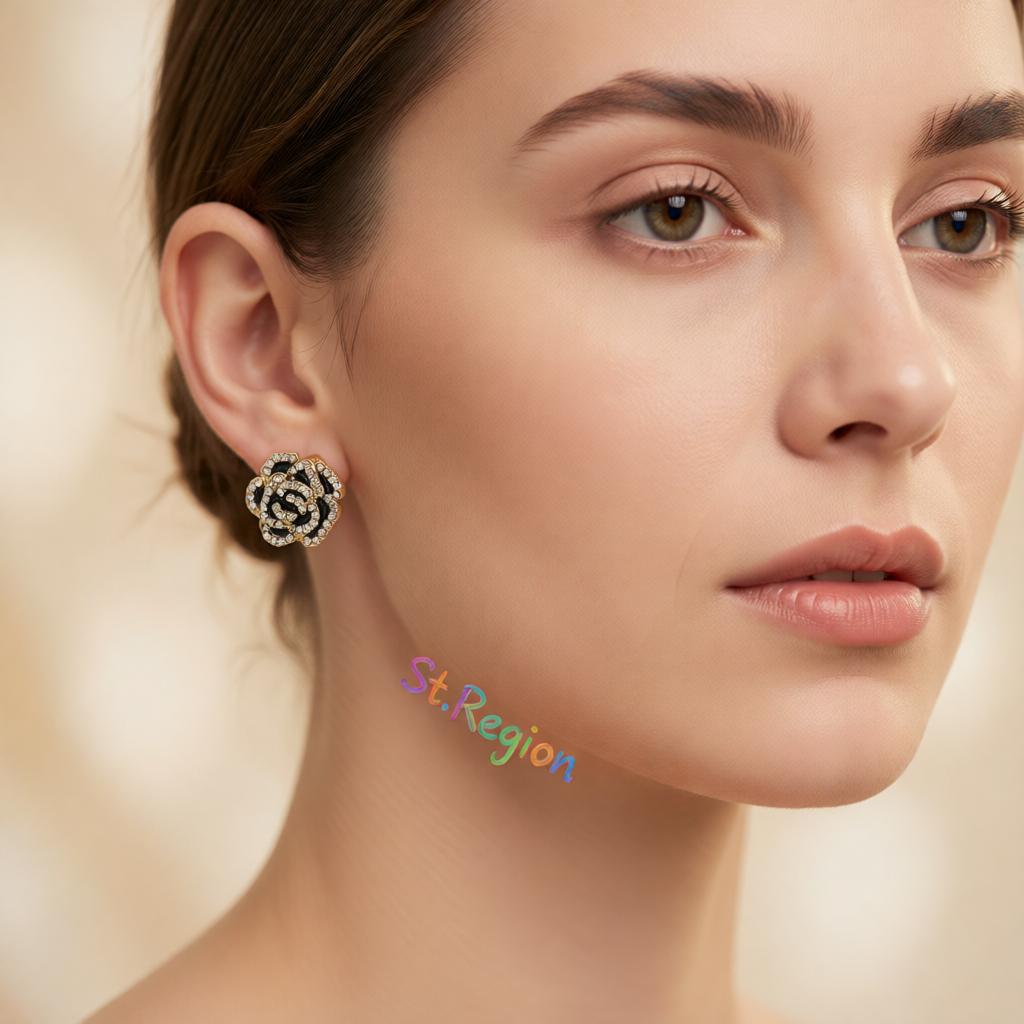 Black and Cubic Zirconia Pavé Camellia Stud Earrings, cubic zirconia stud earrings for women, styled look
