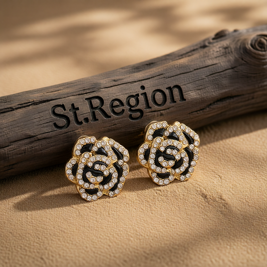 Black & Cubic Zirconia Pavé Camellia Stud Earrings
