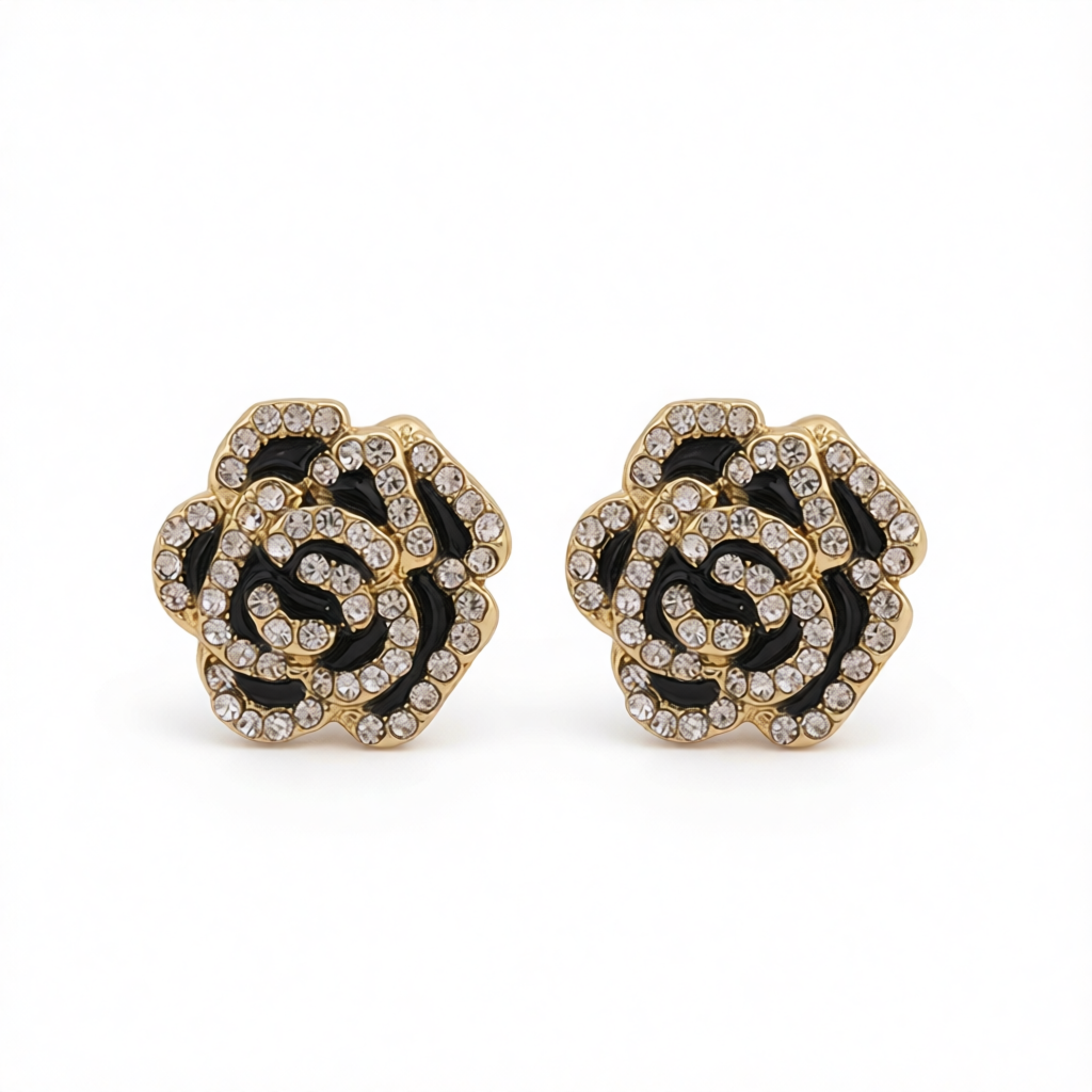 Black & Cubic Zirconia Pavé Camellia Stud Earrings