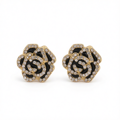Black & Cubic Zirconia Pavé Camellia Stud Earrings