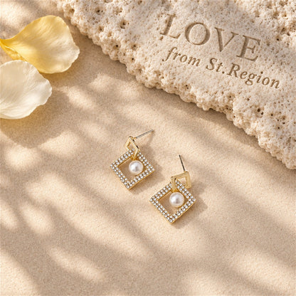 Cubic Zirconia and Pearl Interlocked Rhombus Drop Earrings, drop earrings for women, elegant gift for her, lifestyle look