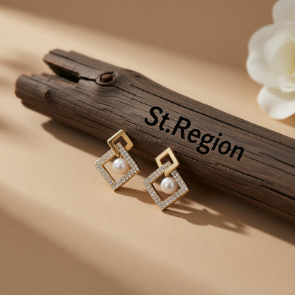 Cubic Zirconia and Pearl Interlocked Rhombus Drop Earrings, drop earrings for women, elegant gift for her, front view