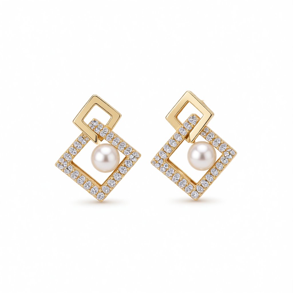 Cubic Zirconia and Pearl Interlocked Rhombus Drop Earrings, drop earrings for women, elegant gift for her, side view