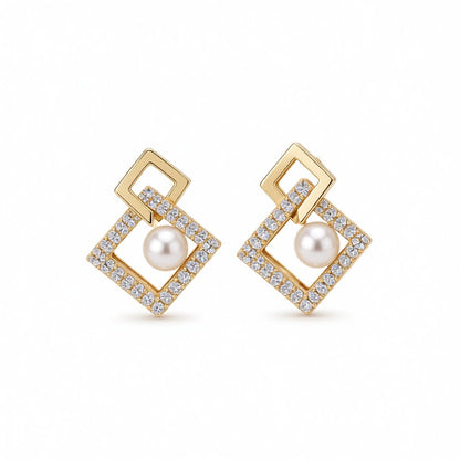 Cubic Zirconia and Pearl Interlocked Rhombus Drop Earrings, drop earrings for women, elegant gift for her, side view