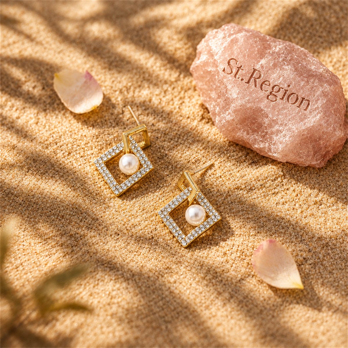 Cubic Zirconia and Pearl Interlocked Rhombus Drop Earrings, drop earrings for women, elegant gift for her, detail close-up
