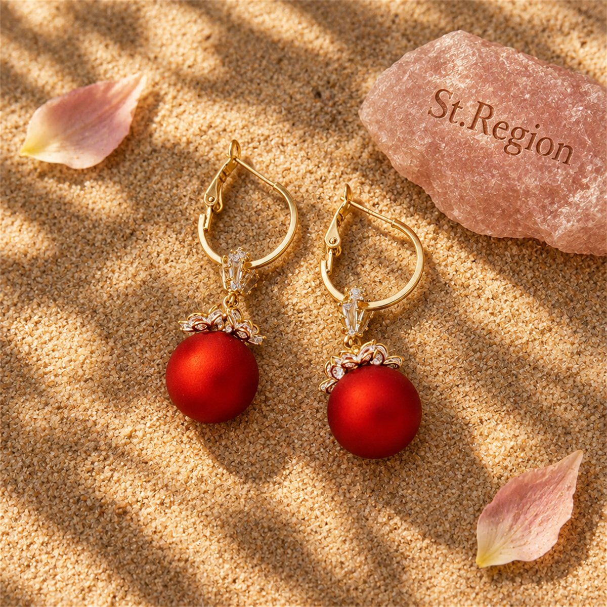 Red Resin and Cubic Zirconia 18k Gold-Plated Flower Huggie Earrings, gold huggie earrings, everyday style, detail close-up