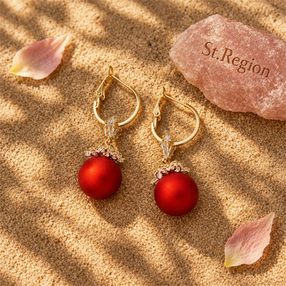 Red Resin and Cubic Zirconia 18k Gold-Plated Flower Huggie Earrings, gold huggie earrings, everyday style, detail close-up