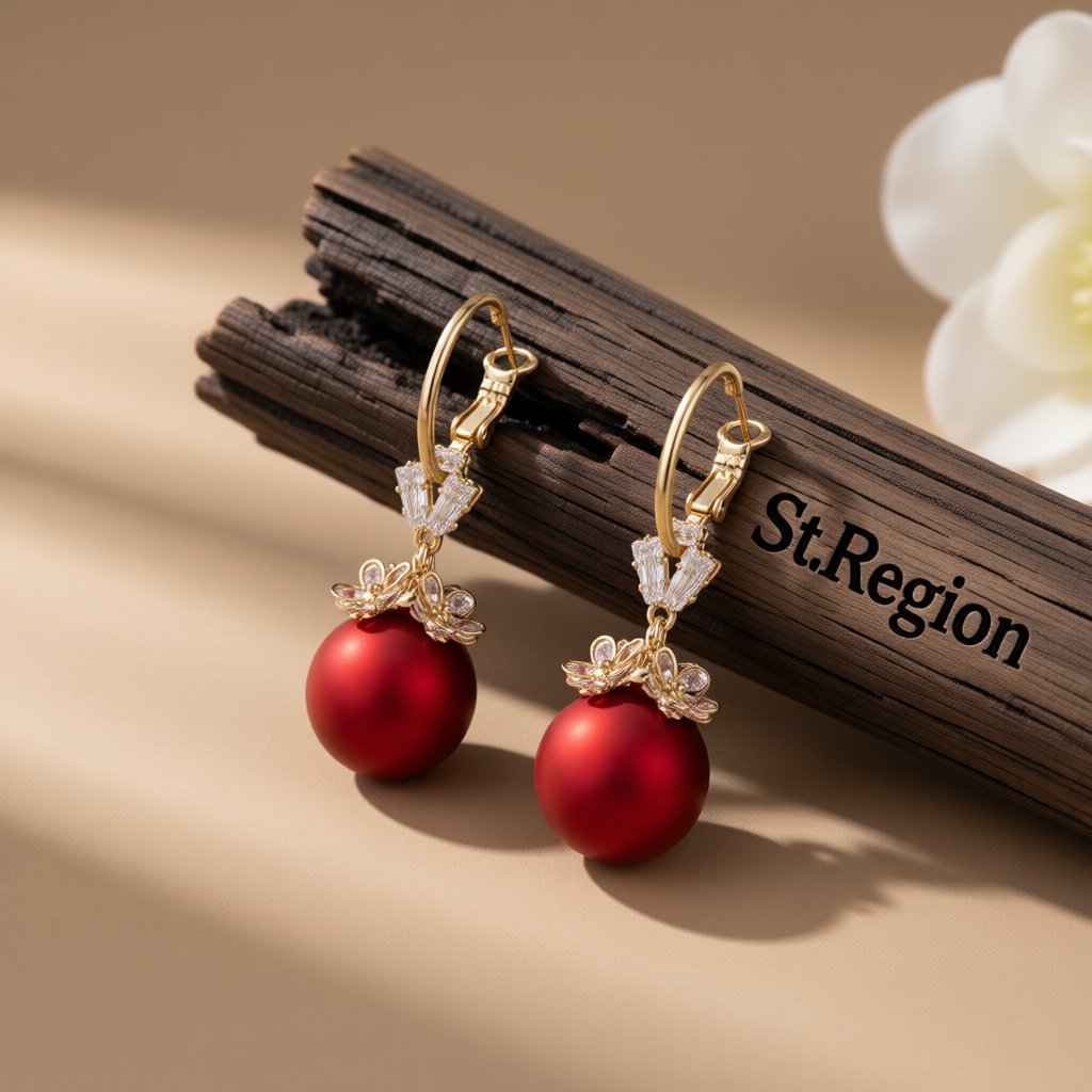 Red Resin and Cubic Zirconia 18k Gold-Plated Flower Huggie Earrings, gold huggie earrings, everyday style, front view