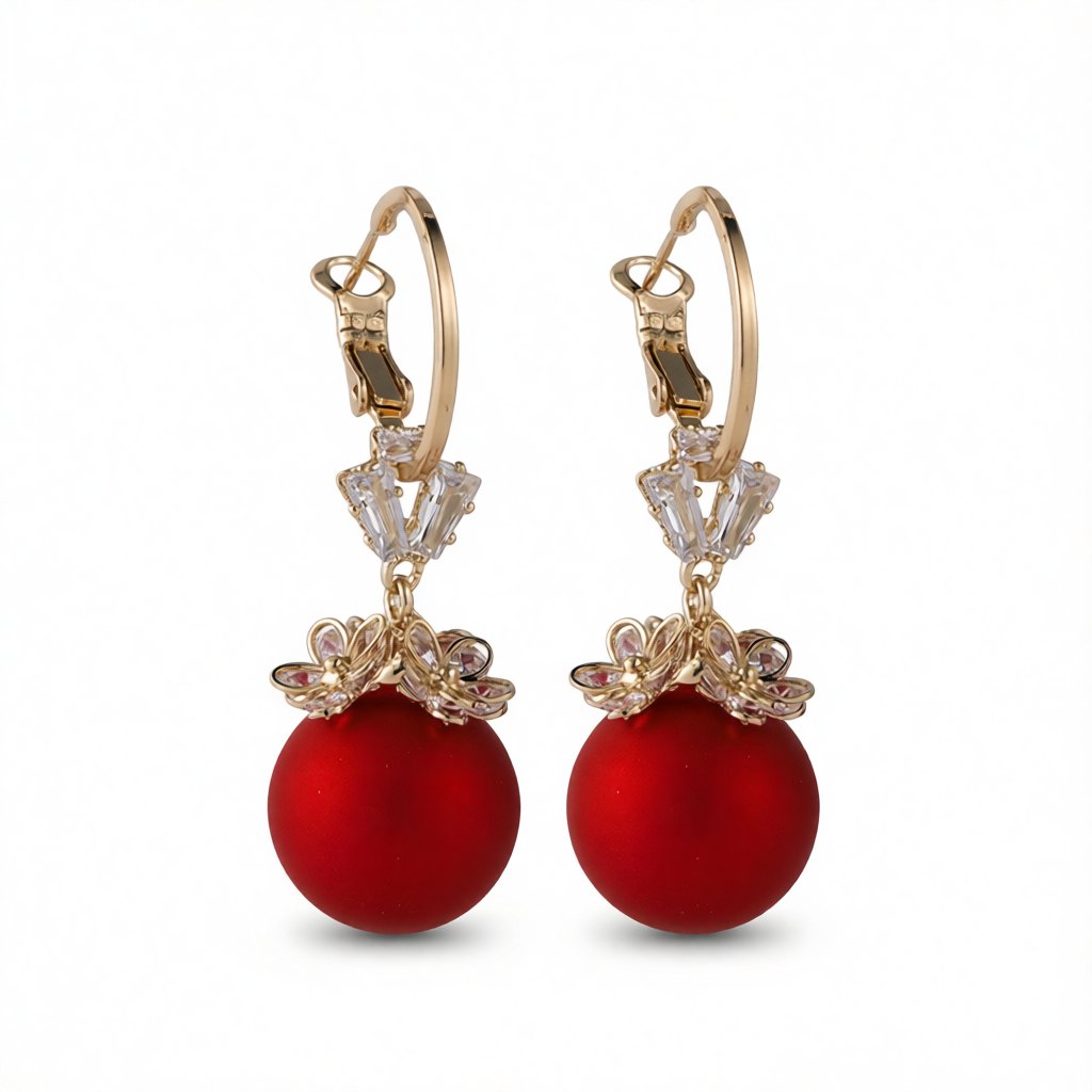 Red Resin and Cubic Zirconia 18k Gold-Plated Flower Huggie Earrings, gold huggie earrings, everyday style, side view