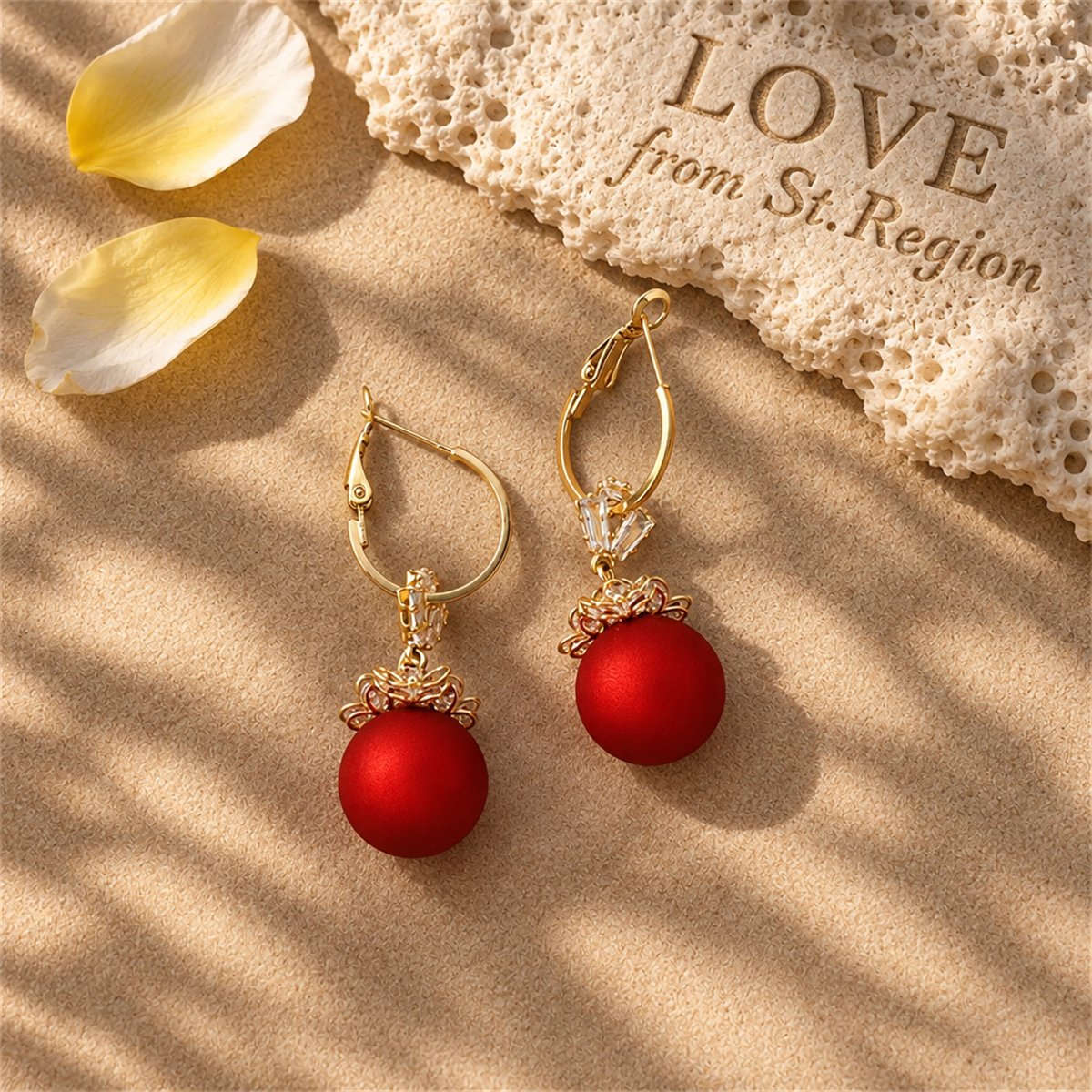 Red Resin and Cubic Zirconia 18k Gold-Plated Flower Huggie Earrings, gold huggie earrings, everyday style, lifestyle look