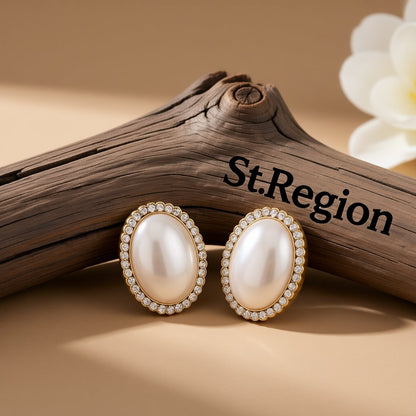 Cubic Zirconia and Pearl Oval Halo Stud Earrings, stud earrings for women, elegant gift for her, front view