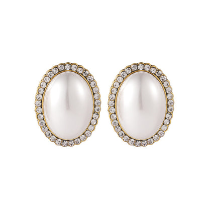 Cubic Zirconia and Pearl Oval Halo Stud Earrings, stud earrings for women, elegant gift for her, side view