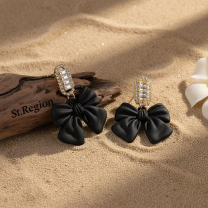 Black Acrylic and Cubic Zirconia Bow Baguette-Cut Drop Earrings, drop earrings for women, front view