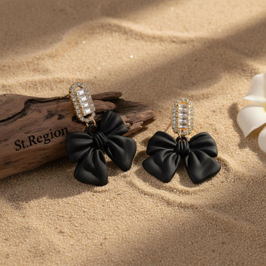 Black Acrylic and Cubic Zirconia Bow Baguette-Cut Drop Earrings, drop earrings for women, front view