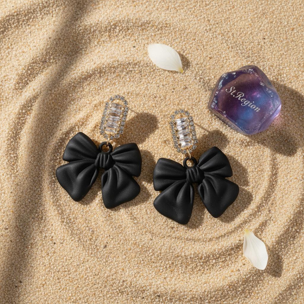 Black Acrylic and Cubic Zirconia Bow Baguette-Cut Drop Earrings, drop earrings for women, detail close-up
