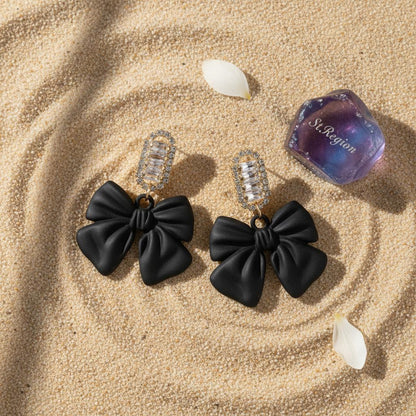 Black Acrylic and Cubic Zirconia Bow Baguette-Cut Drop Earrings, drop earrings for women, detail close-up
