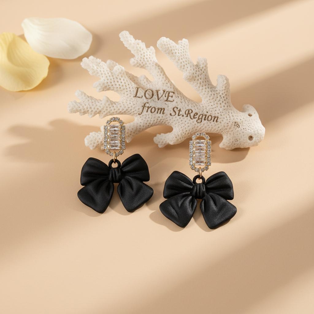 Black Acrylic and Cubic Zirconia Bow Baguette-Cut Drop Earrings, drop earrings for women, lifestyle look
