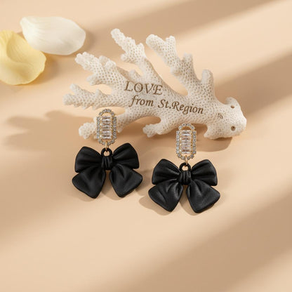 Black Acrylic and Cubic Zirconia Bow Baguette-Cut Drop Earrings, drop earrings for women, lifestyle look