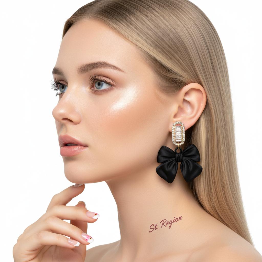 Black Acrylic and Cubic Zirconia Bow Baguette-Cut Drop Earrings, drop earrings for women, styled look