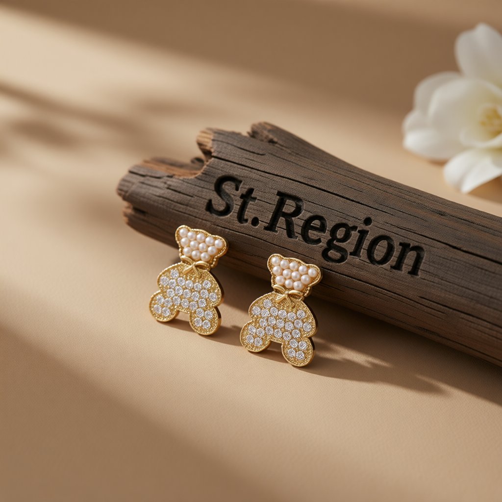 Pearl and Cubic Zirconia 18K Gold-Plated Bear Stud Earrings, gold stud earrings for women, elegant gift for her, front view