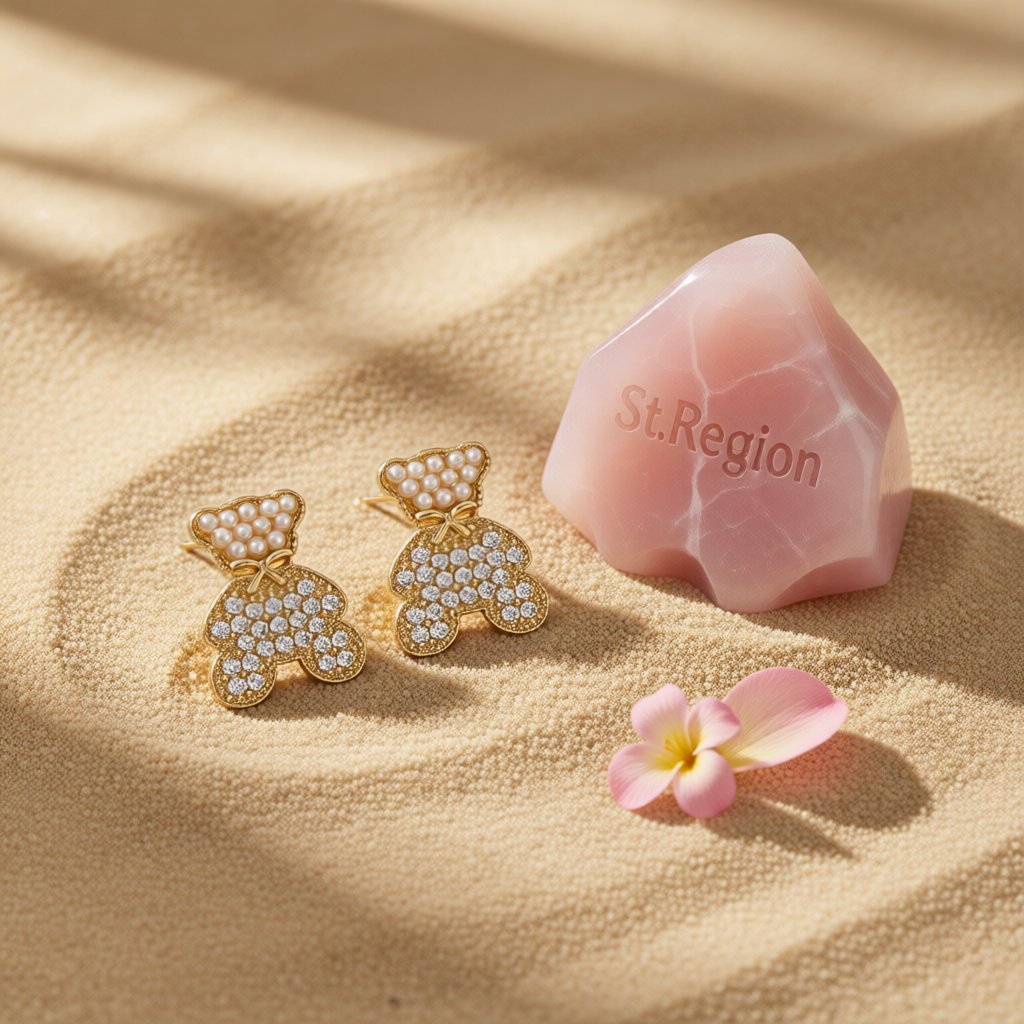 Pearl and Cubic Zirconia 18K Gold-Plated Bear Stud Earrings, gold stud earrings for women, detail close-up