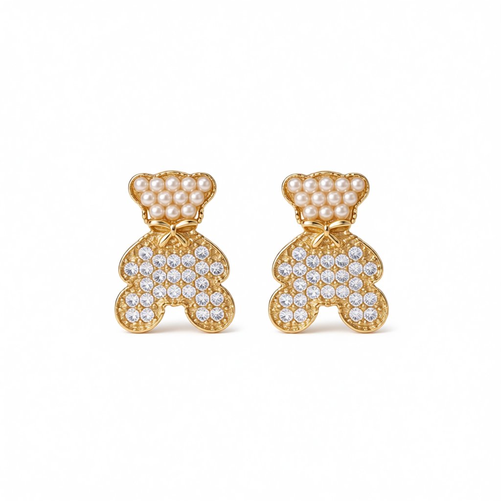 Pearl and Cubic Zirconia 18K Gold-Plated Bear Stud Earrings, gold stud earrings for women, elegant gift for her, side view