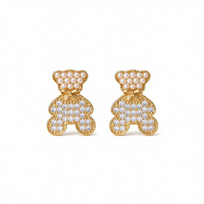 Pearl and Cubic Zirconia 18K Gold-Plated Bear Stud Earrings, gold stud earrings for women, elegant gift for her, side view