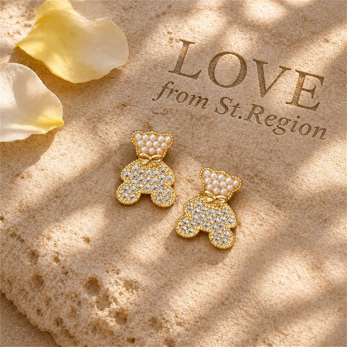 Pearl and Cubic Zirconia 18K Gold-Plated Bear Stud Earrings, gold stud earrings for women, lifestyle look