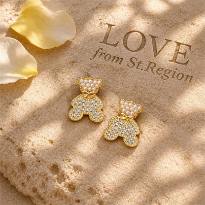 Pearl and Cubic Zirconia 18K Gold-Plated Bear Stud Earrings, gold stud earrings for women, lifestyle look