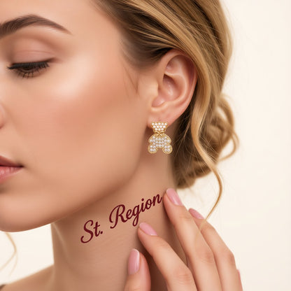 Pearl and Cubic Zirconia 18K Gold-Plated Bear Stud Earrings, gold stud earrings for women, elegant gift for her, styled look