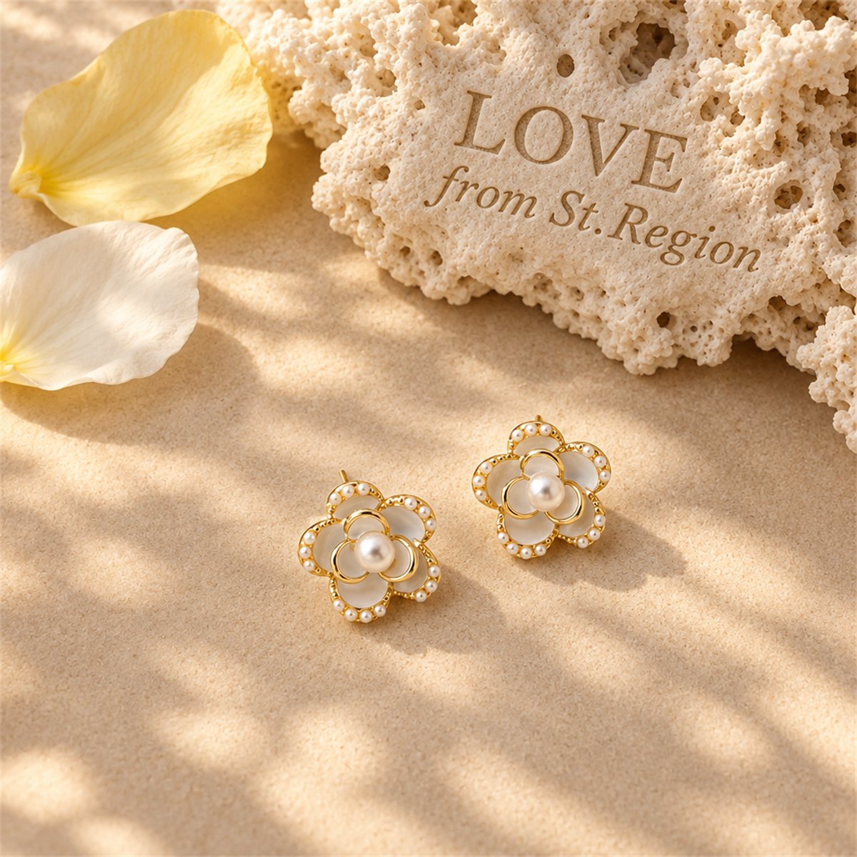 Pearl and Enamel 18K Gold Plated Flower Stud Earrings, gold stud earrings for women, dainty minimalist design, lifestyle look