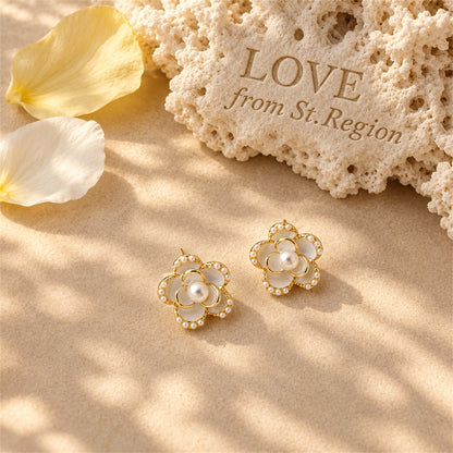 Pearl and Enamel 18K Gold Plated Flower Stud Earrings, gold stud earrings for women, dainty minimalist design, lifestyle look
