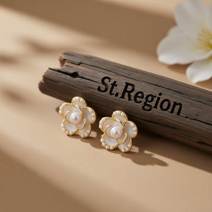 Pearl and Enamel 18K Gold Plated Flower Stud Earrings, gold stud earrings for women, dainty minimalist design, front view