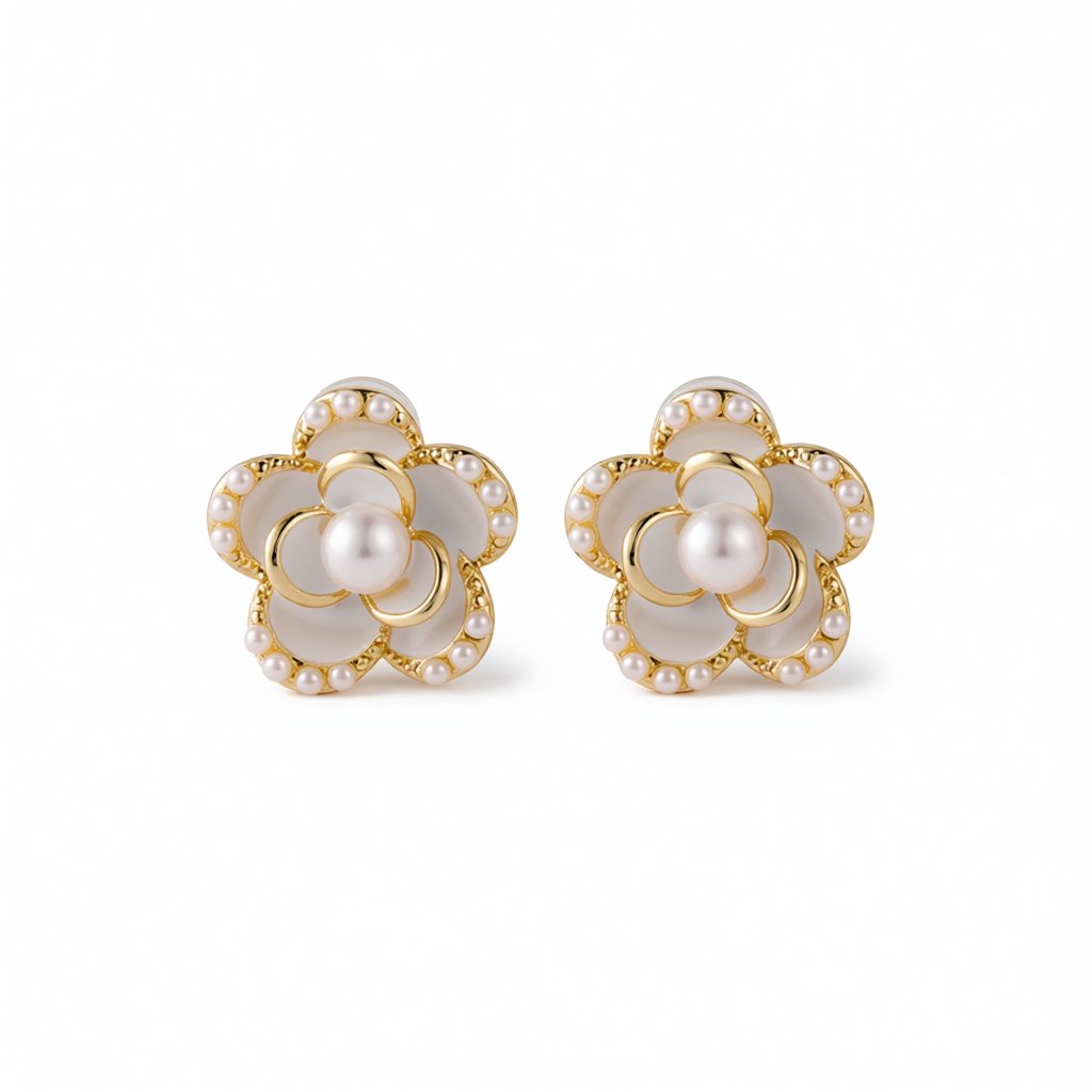 Pearl and Enamel 18K Gold Plated Flower Stud Earrings, gold stud earrings for women, dainty minimalist design, side view