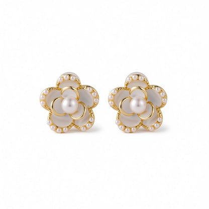 Pearl and Enamel 18K Gold Plated Flower Stud Earrings, gold stud earrings for women, dainty minimalist design, side view