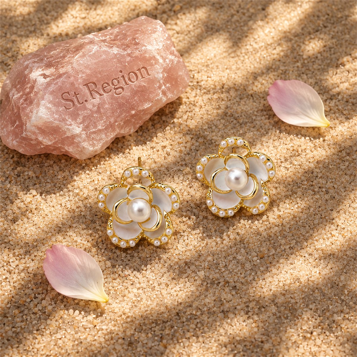 Pearl and Enamel 18K Gold Plated Flower Stud Earrings, gold stud earrings for women, detail close-up