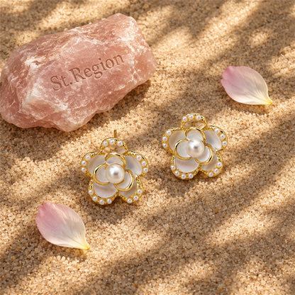 Pearl and Enamel 18K Gold Plated Flower Stud Earrings, gold stud earrings for women, detail close-up