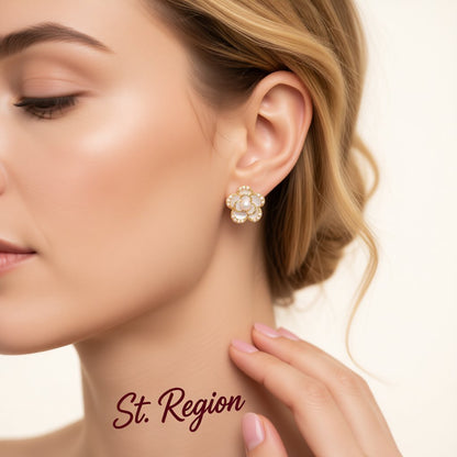 Pearl and Enamel 18K Gold Plated Flower Stud Earrings, gold stud earrings for women, dainty minimalist design, styled look