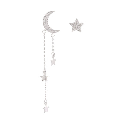 Cubic Zirconia & Silver-Plated Star Stud Earring & Moon Tassel Drop Earring