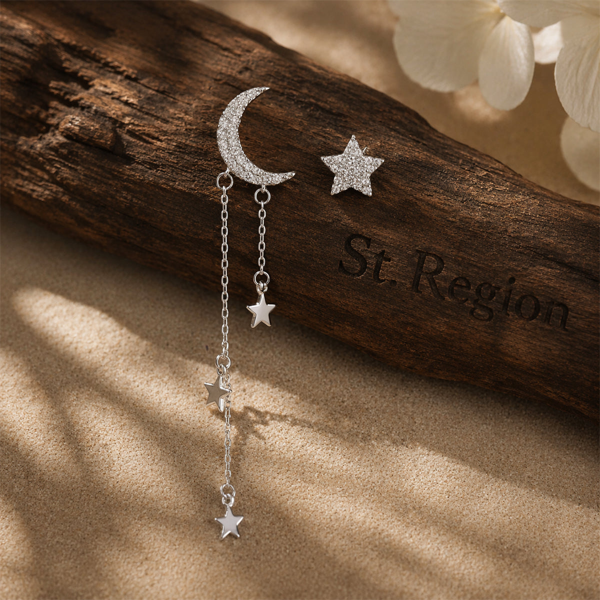 Cubic Zirconia & Silver-Plated Star Stud Earring & Moon Tassel Drop Earring