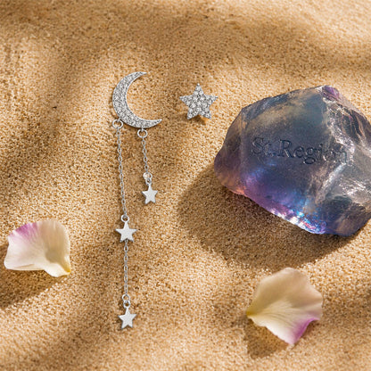 Cubic Zirconia & Silver-Plated Star Stud Earring & Moon Tassel Drop Earring