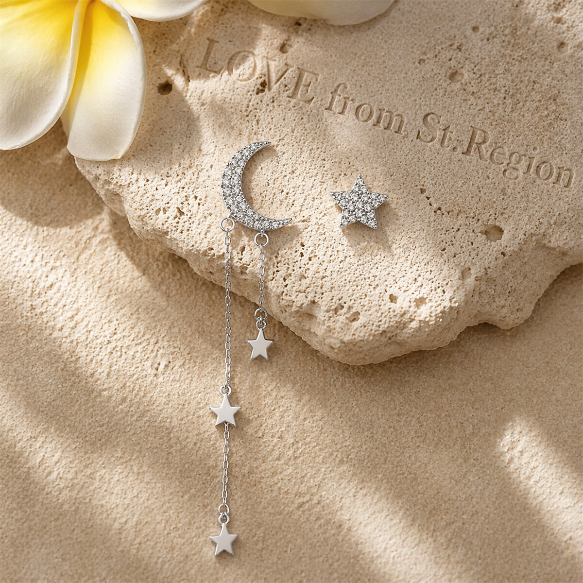 Cubic Zirconia & Silver-Plated Star Stud Earring & Moon Tassel Drop Earring