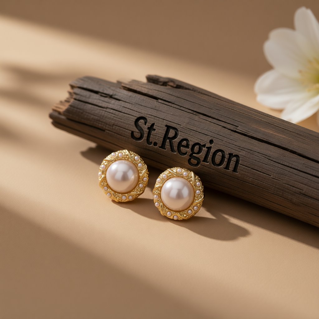 Pearl and 18K Gold-Plated Round Stud Earrings, gold stud earrings for women, vintage-inspired design, front view