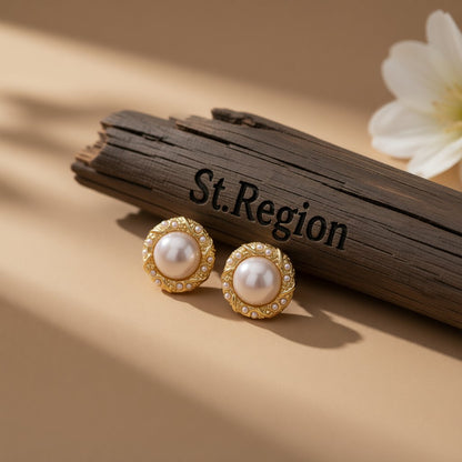 Pearl and 18K Gold-Plated Round Stud Earrings, gold stud earrings for women, vintage-inspired design, front view