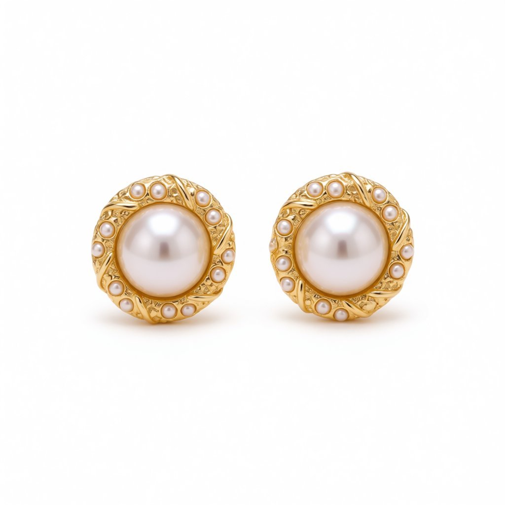 Pearl and 18K Gold-Plated Round Stud Earrings, gold stud earrings for women, vintage-inspired design, side view